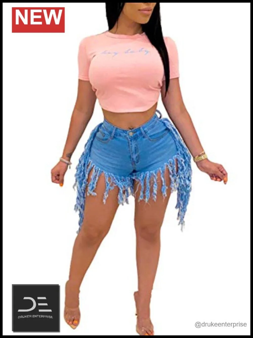 High Waisted Denim Jean Shorts with Frayed Hem Stretchy Casual